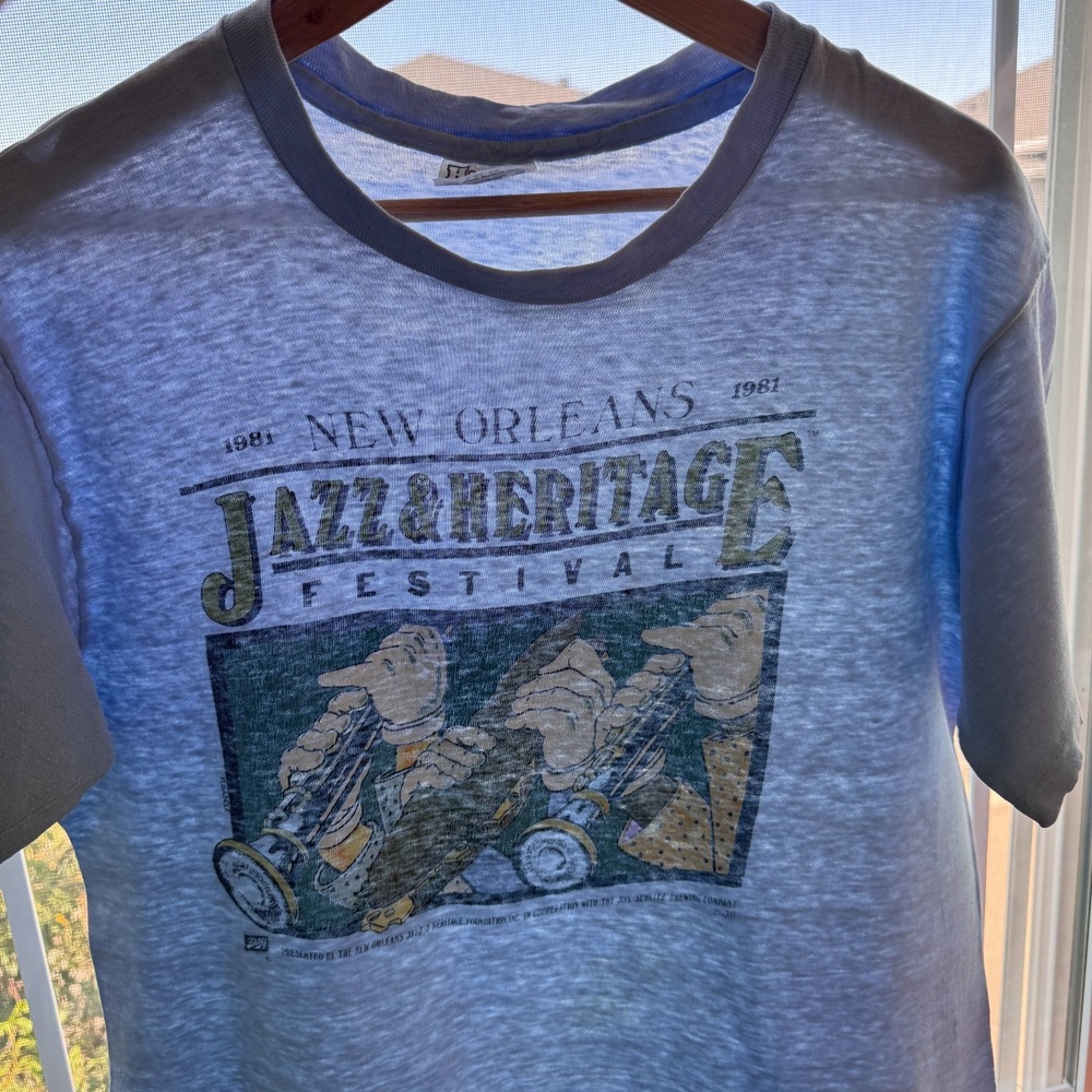 Vintage New Orleans Jazz Heritage Festival T-Shirt Mens L Blue Paper Thin 80s